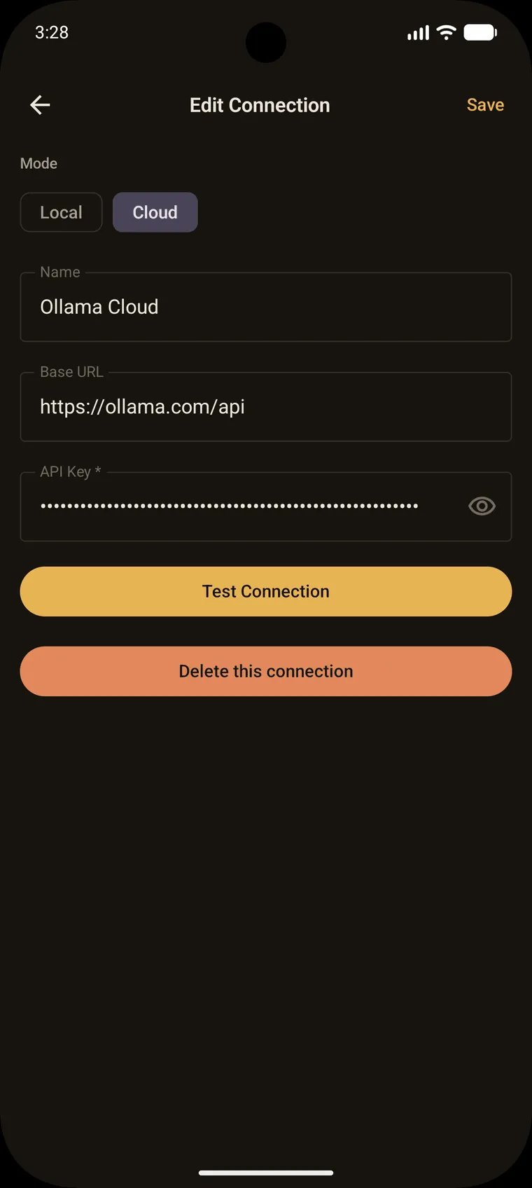 Ollama Mobile Edit Connection screen on Android: Cloud mode, a name, the ollama.com Base URL, and an API Key field