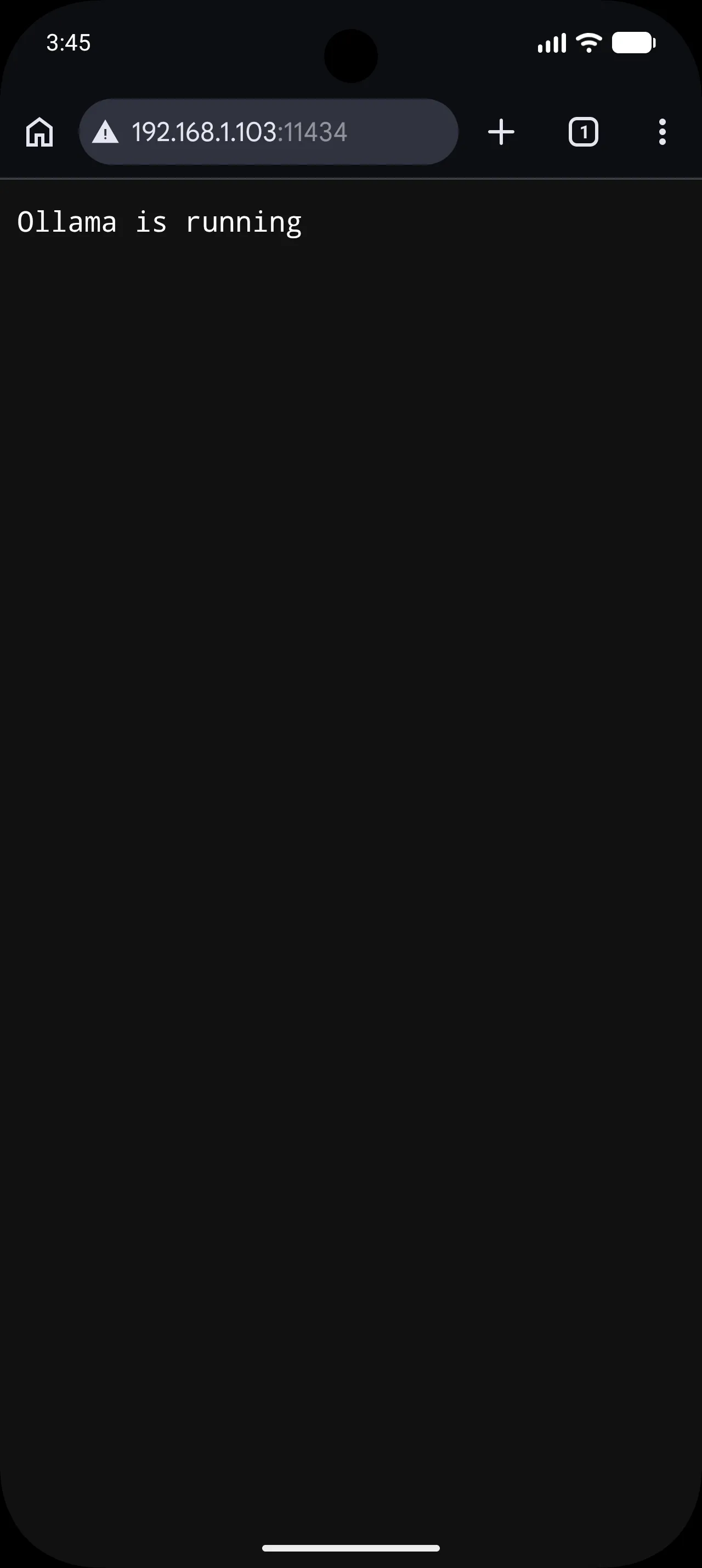 Chrome on Android showing the text Ollama is running