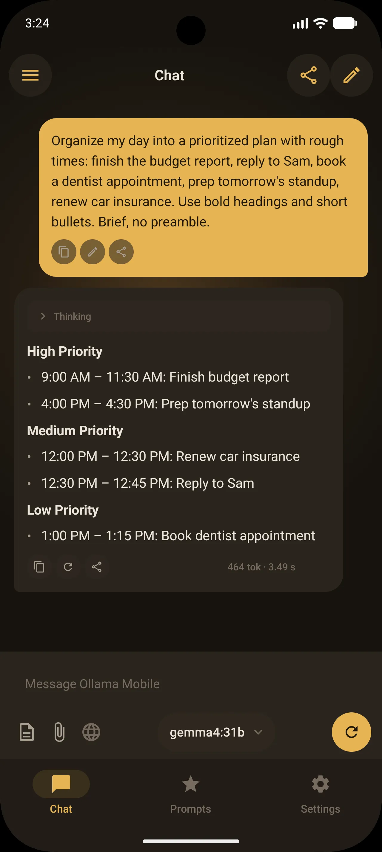 Ollama Mobile chat on Android with a model selected