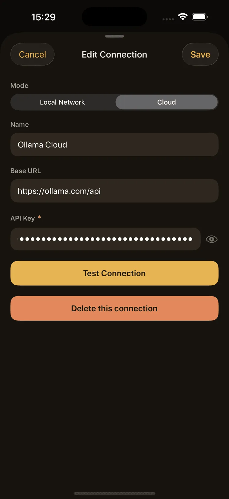 Ollama Mobile Edit Connection screen on iPhone: Cloud mode, a name, the ollama.com Base URL, and an API Key field