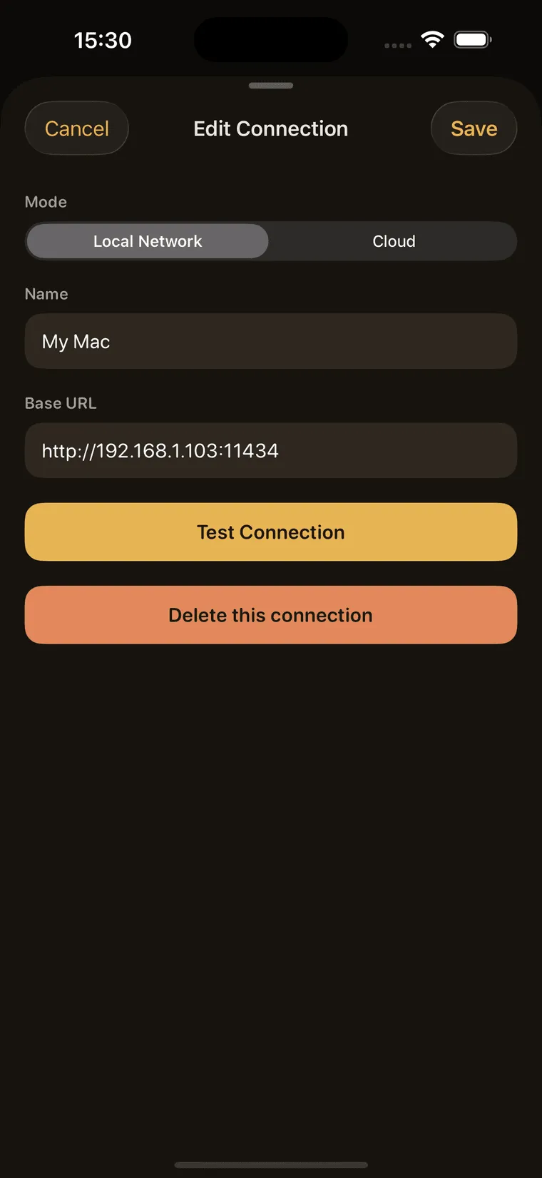 Ollama Mobile Edit Connection screen on iPhone: Local Network mode, a name, and the Base URL