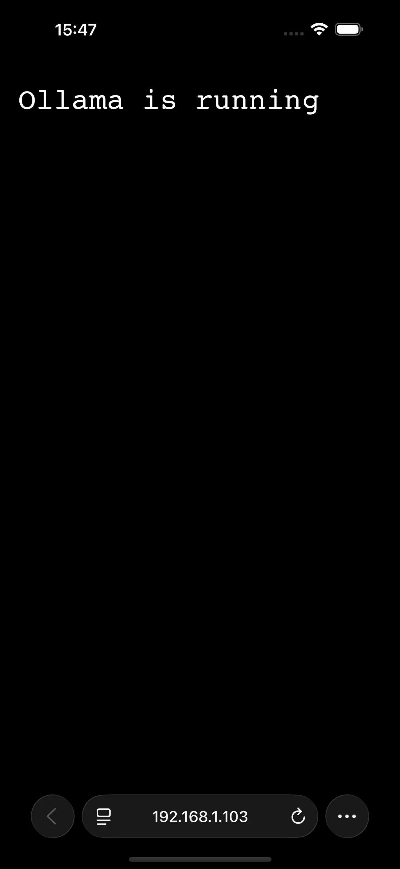 Safari on iPhone showing the text Ollama is running