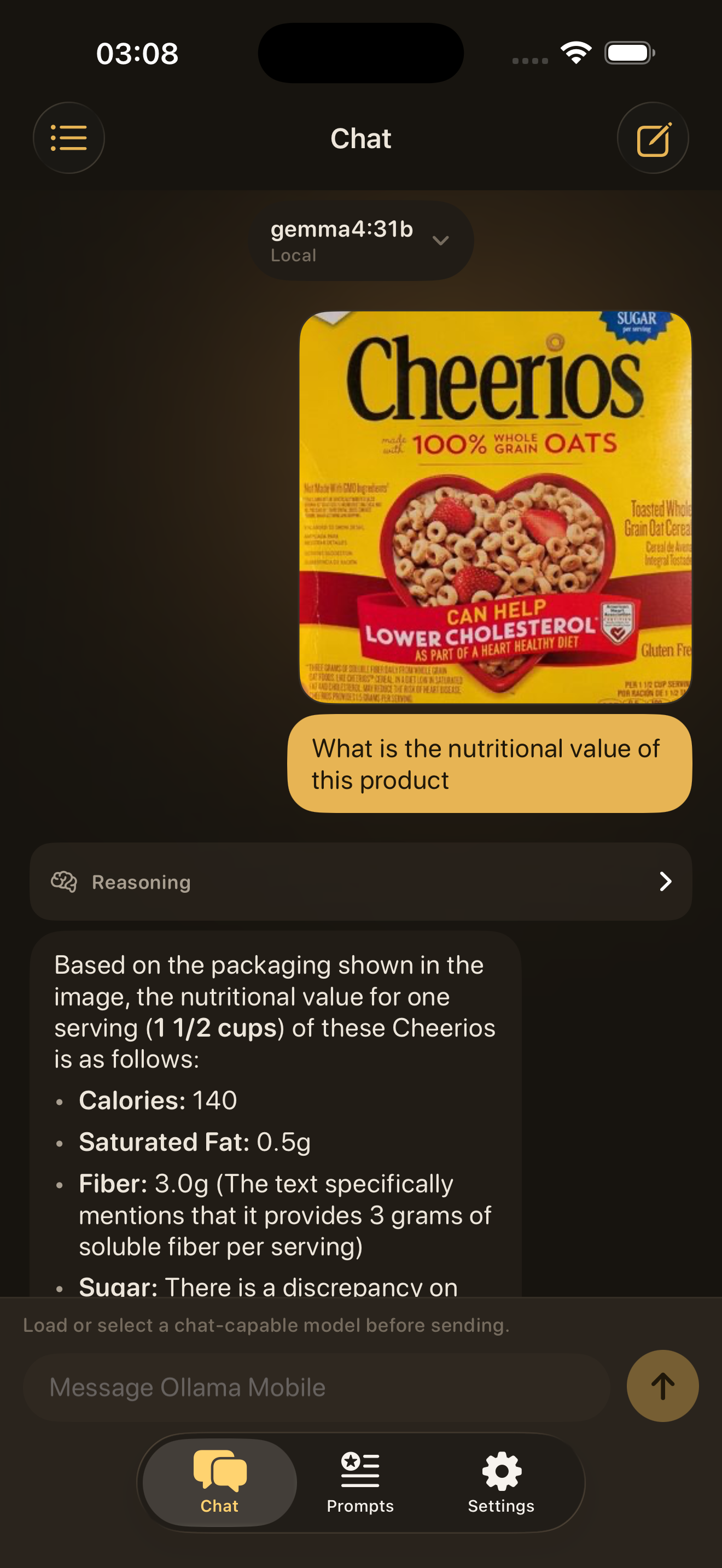 Ollama Mobile on iPhone: Ask about your food