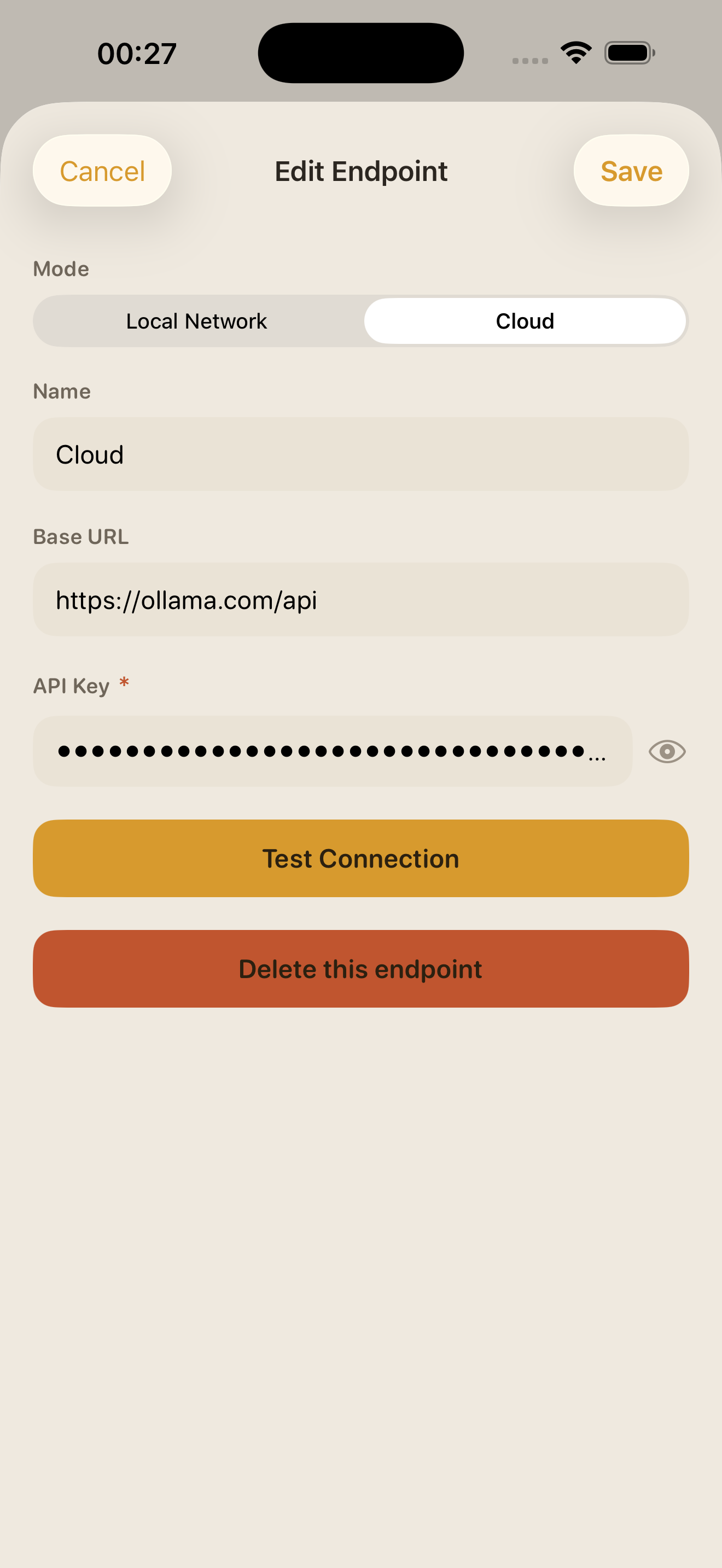 Add cloud connection in Ollama Mobile