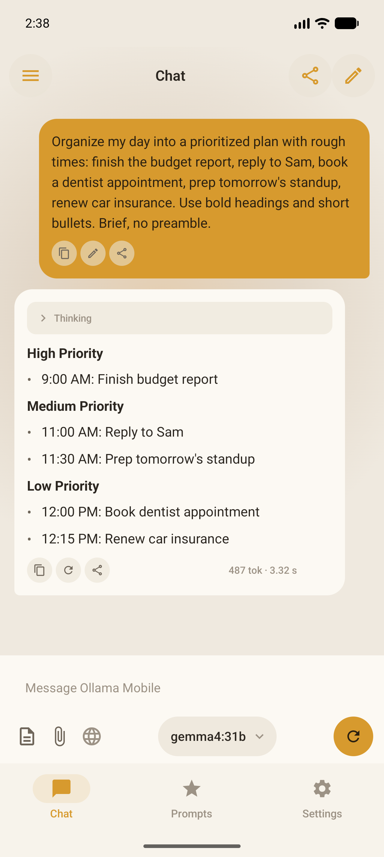 Ollama Mobile on Android: Plan my day
