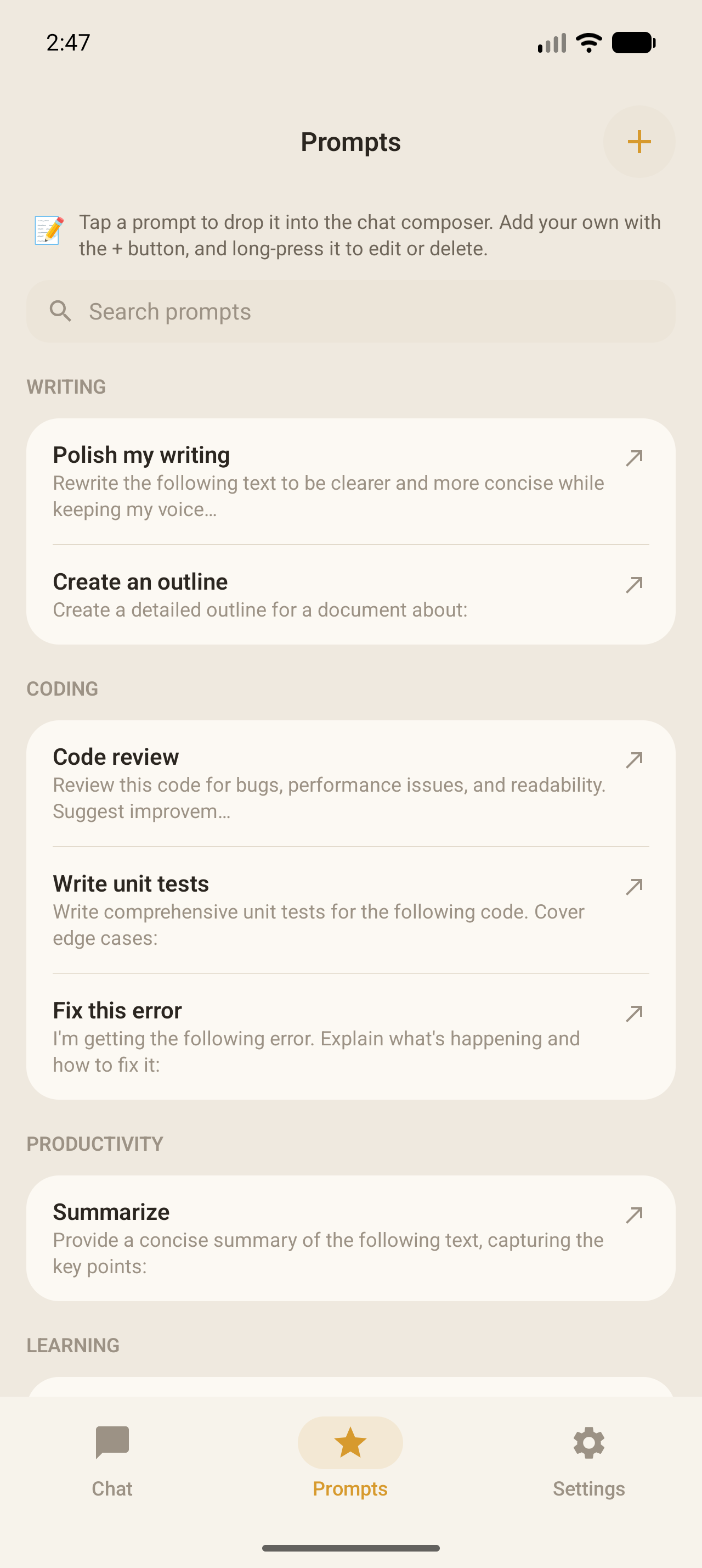 Ollama Mobile on Android: Prompt library